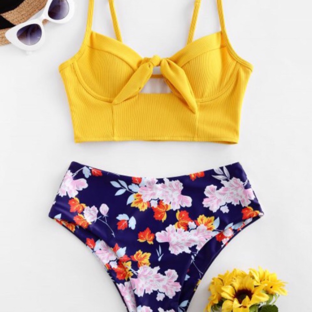 Flower Knotted High-Cut Tankini Swimsuit